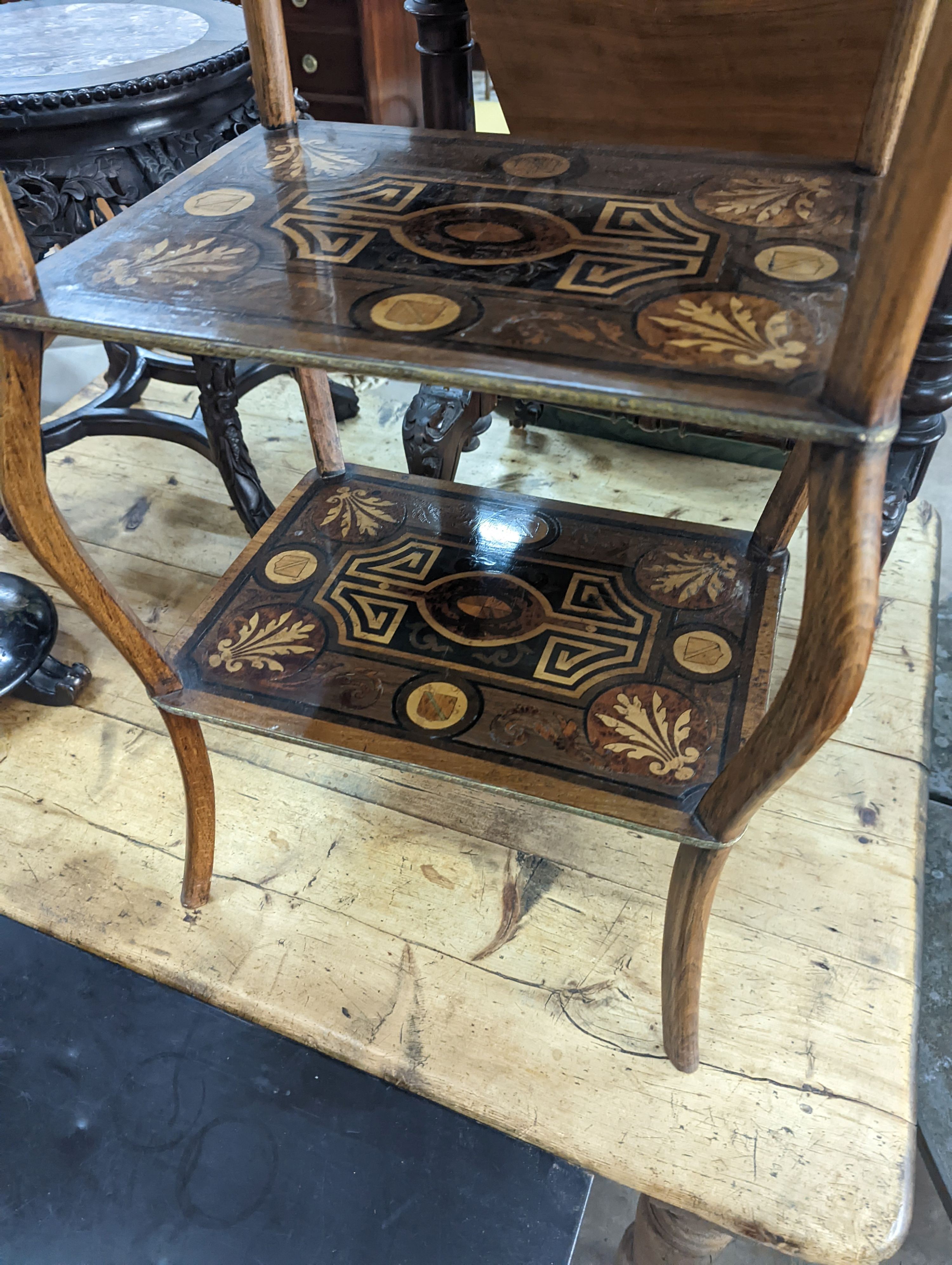 A 19th century French marquetry inlaid three tier etagere, width 42cm, depth 30cm, height 79cm